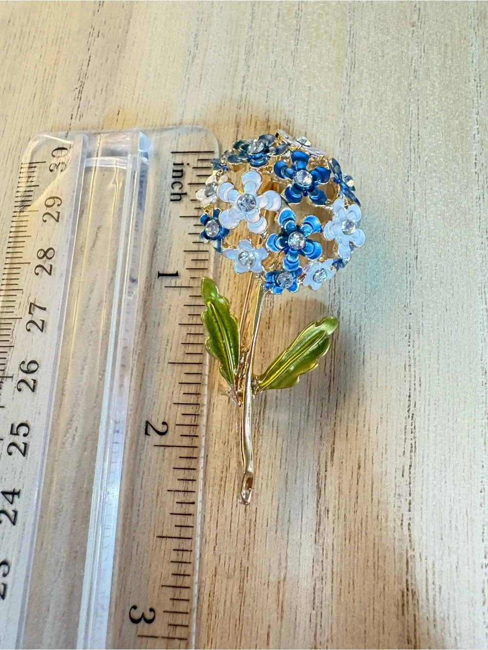 Floral Crystal Cluster Brooch - Blue, White & Green Enamel